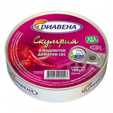 MACKEREL 160GR SPICY TOMATO SAUCE "DIAVENA" 15PCS IN BOX, PRICE PER PCS.