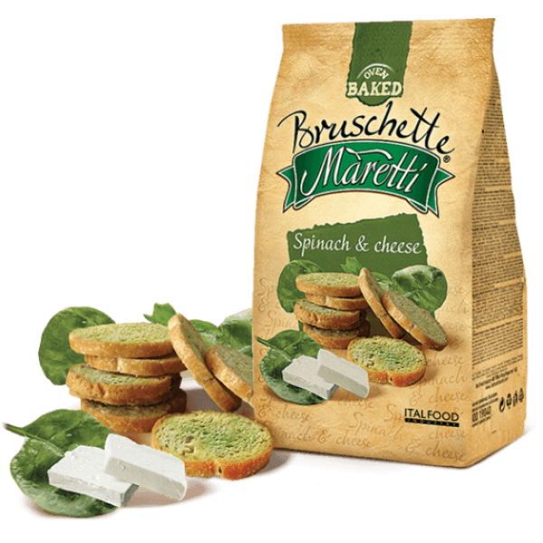 BRUSCHETTE SPINACH AND CHEESE 70GR "MARETTI", 15PCS IN BOX, PRICE PER PCS.