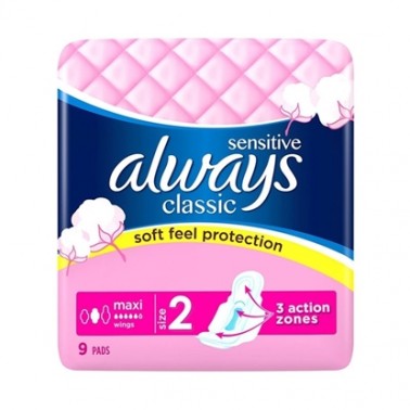 SANITARY TOWELS ALWAYS CLASSIC MAXI SENSITIVE "PROCTER & GAMBLE" 9PCS IN PACK, PRICE PER PACK
