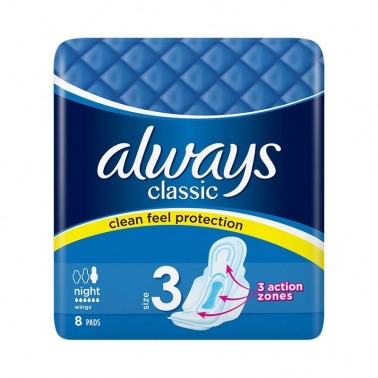 SANITARY TOWELS ALWAYS CLASSIC NIGHT "PROCTER & GAMBLE" 8PCS IN PACK, PRICE PER PACK